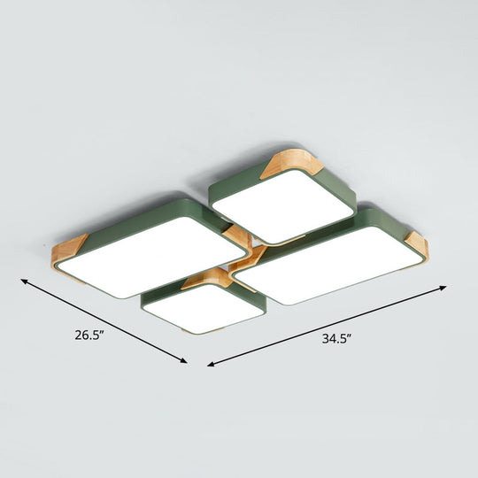 Modern Rectangle Led Flushmount Ceiling Lamp For Living Room - Metal Wood Flush Light Green /