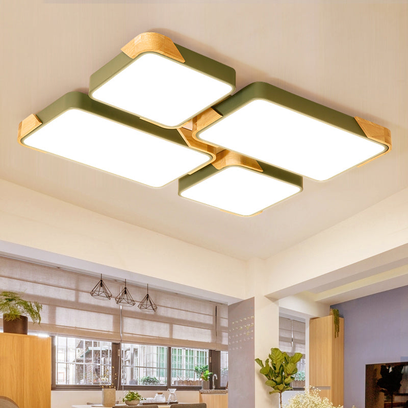 Modern Rectangle LED Flushmount Ceiling Lamp for Living Room - Metal Wood Flush Light