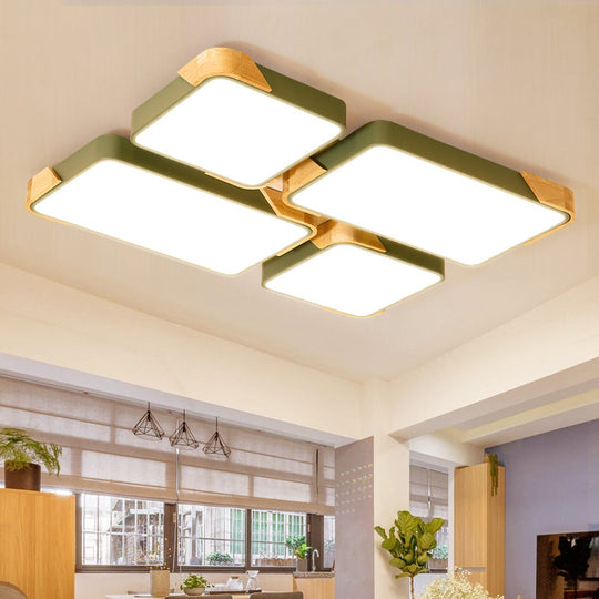 Modern Rectangle Led Flushmount Ceiling Lamp For Living Room - Metal Wood Flush Light