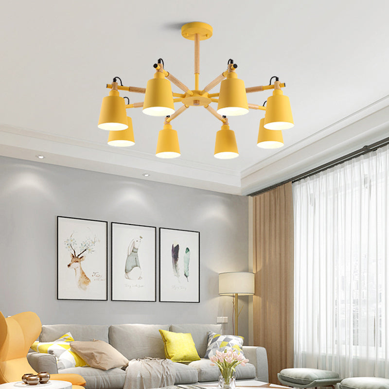 Macaron Wood Chandelier With Metal Shade - 8 Bulb Living Room Pendant Light