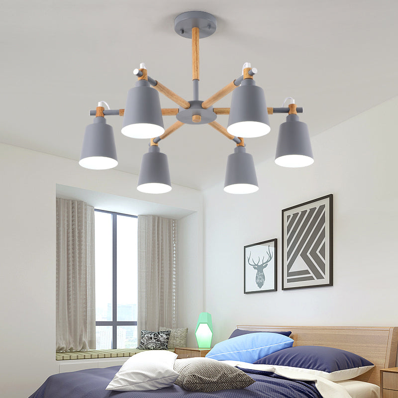 Wooden Radial Pendant Macaron Chandelier With Tapered Metal Shade - Stylish Lighting For Living Room