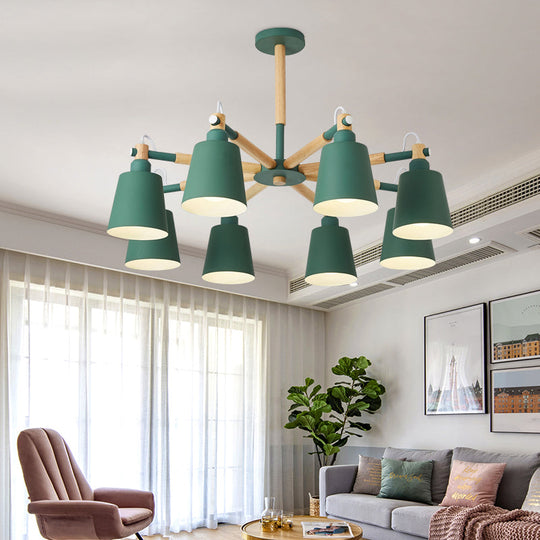 Wooden Radial Pendant Macaron Chandelier With Tapered Metal Shade - Stylish Lighting For Living Room