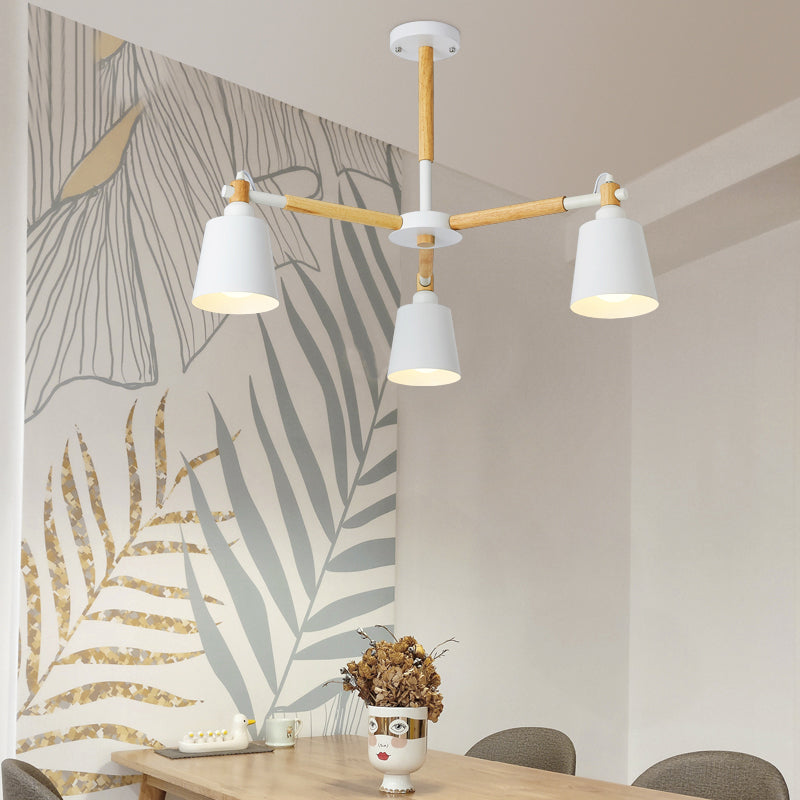 Wooden Radial Pendant Macaron Chandelier With Tapered Metal Shade - Stylish Lighting For Living Room