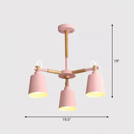 Wooden Radial Pendant Macaron Chandelier With Tapered Metal Shade - Stylish Lighting For Living Room