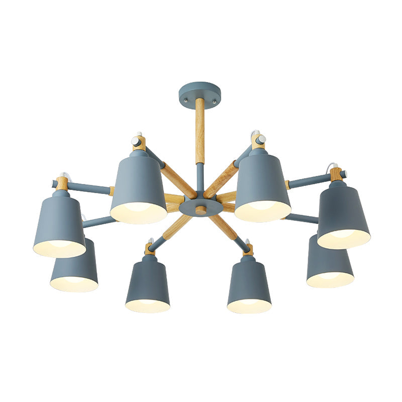 Wooden Radial Pendant Macaron Chandelier With Tapered Metal Shade - Stylish Lighting For Living Room