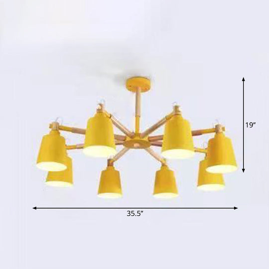 Wooden Radial Pendant Macaron Chandelier With Tapered Metal Shade - Stylish Lighting For Living Room