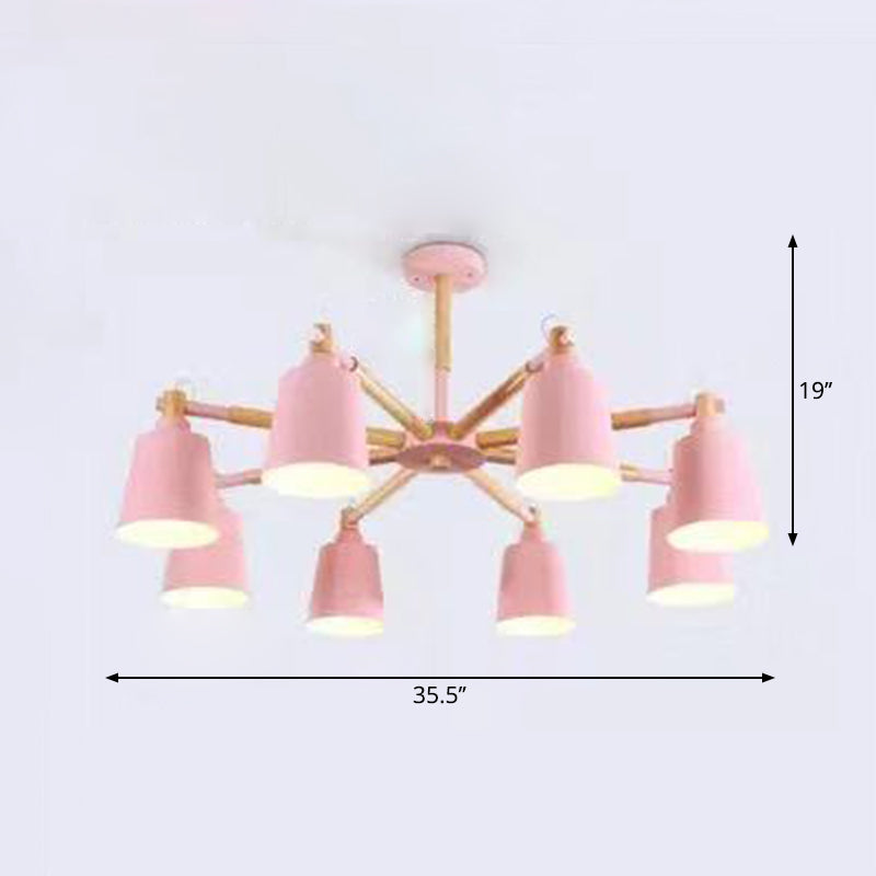 Wooden Radial Pendant Macaron Chandelier With Tapered Metal Shade - Stylish Lighting For Living Room