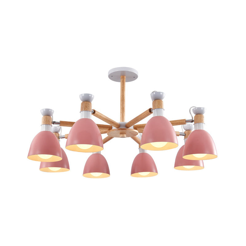 Sleek Macaron Bell Chandelier Metal Hanging Light With Wooden Rod Perfect Bedroom Lighting