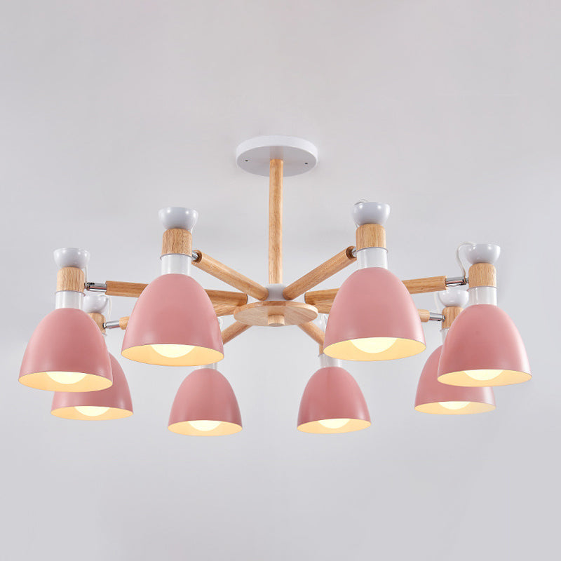 Sleek Macaron Bell Chandelier Metal Hanging Light With Wooden Rod Perfect Bedroom Lighting 8 / Pink