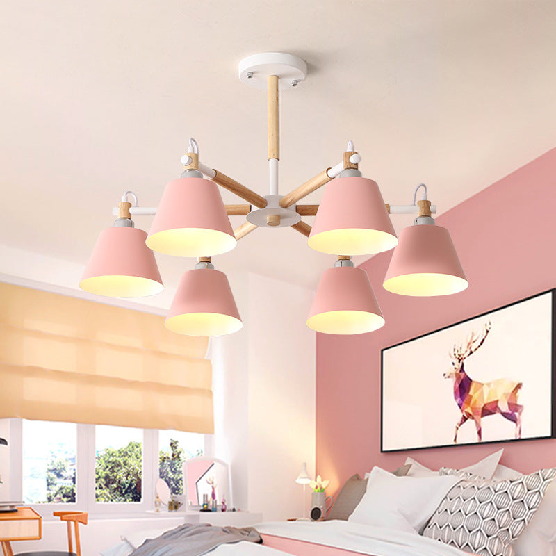 Conical Metal Pendant Lamp With Macaron Wood Design - Stylish Ceiling Chandelier Light For Living