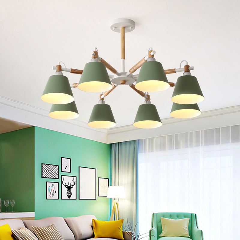 Conical Metal Pendant Lamp With Macaron Wood Design - Stylish Ceiling Chandelier Light For Living