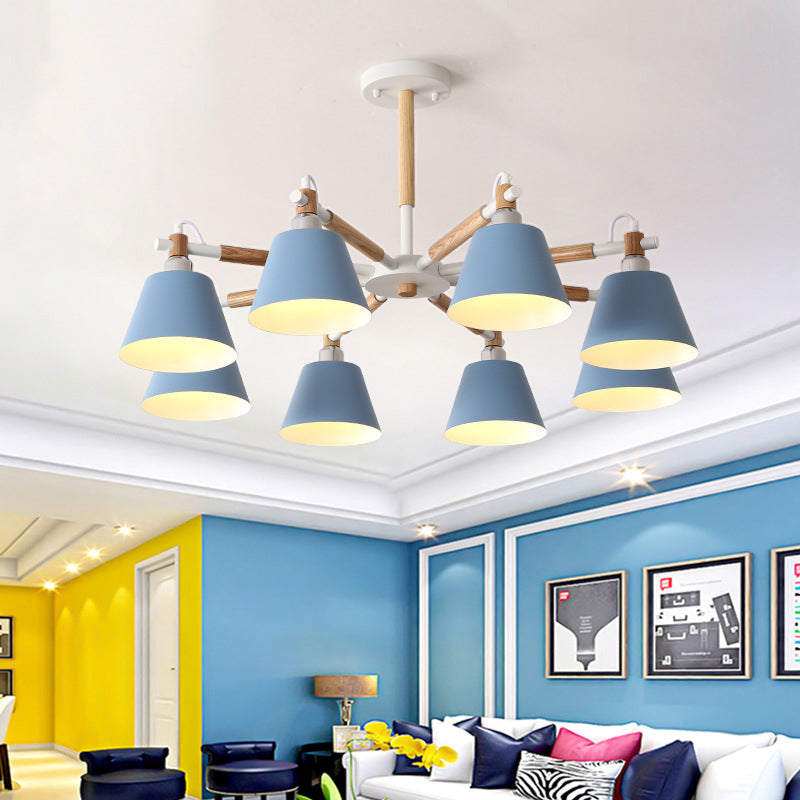 Conical Metal Pendant Lamp With Macaron Wood Design - Stylish Ceiling Chandelier Light For Living