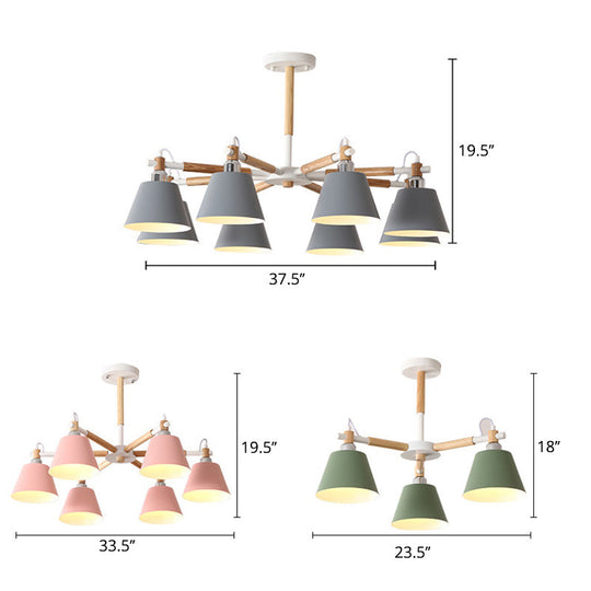 Conical Metal Pendant Lamp With Macaron Wood Design - Stylish Ceiling Chandelier Light For Living