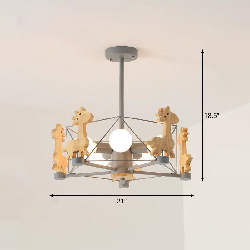 Macaron Cage Pendant Light - Metal 4-Head Chandelier For Bedroom With Wooden Giraffe Deco