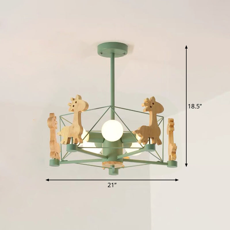 Macaron Cage Pendant Light - Metal 4-Head Chandelier For Bedroom With Wooden Giraffe Deco Green