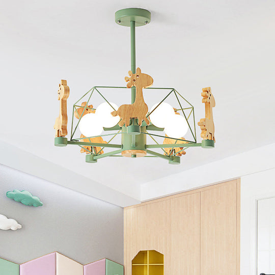 Macaron Cage Pendant Light - Metal 4-Head Chandelier For Bedroom With Wooden Giraffe Deco