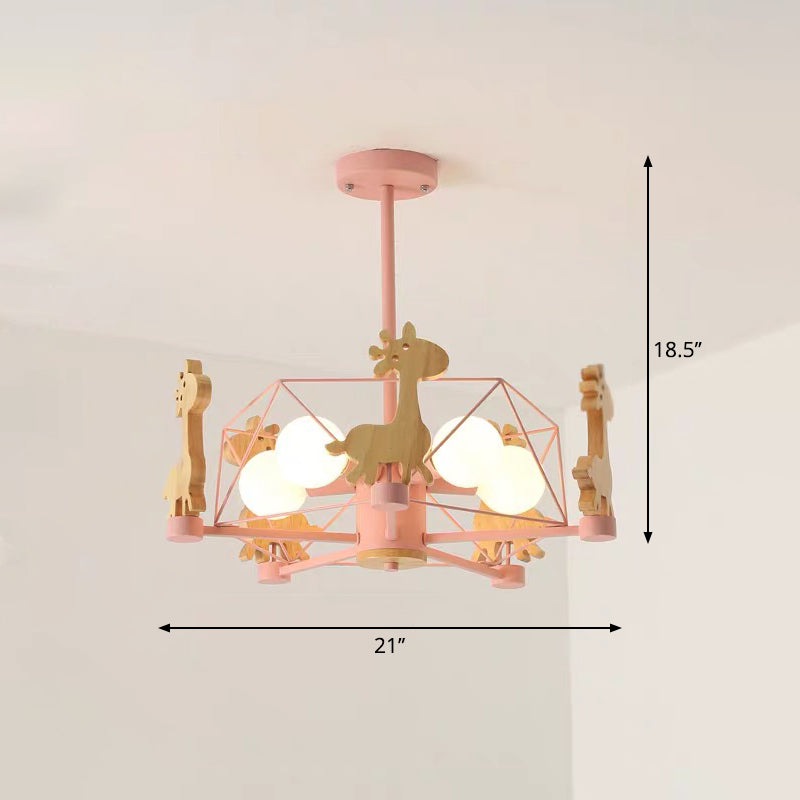 Macaron Cage Pendant Light - Metal 4-Head Chandelier For Bedroom With Wooden Giraffe Deco