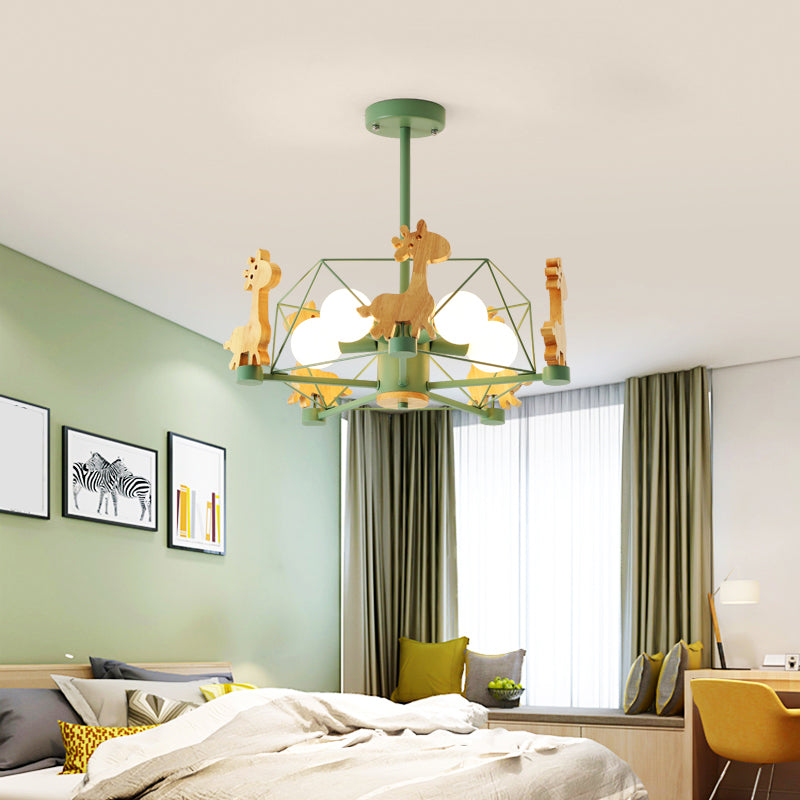 Macaron Cage Pendant Light - Metal 4-Head Chandelier For Bedroom With Wooden Giraffe Deco