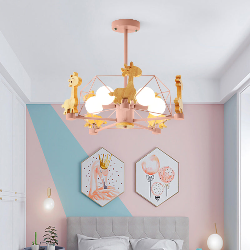 Cartoon Giraffe Kindergarten Ceiling Light: Wooden Hanging Chandelier With Wire Cage Pink