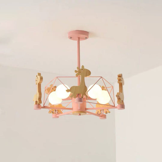 Cartoon Giraffe Kindergarten Ceiling Light: Wooden Hanging Chandelier With Wire Cage