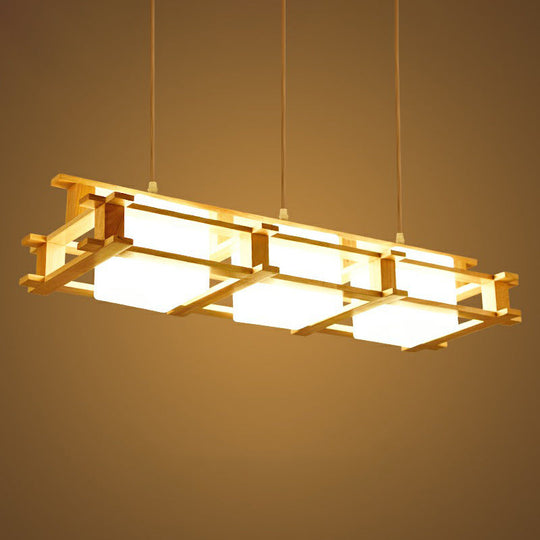 Nordic Milk Glass Island Light - Rectangular 3-Light Beige Suspension Lamp With Wooden Cage