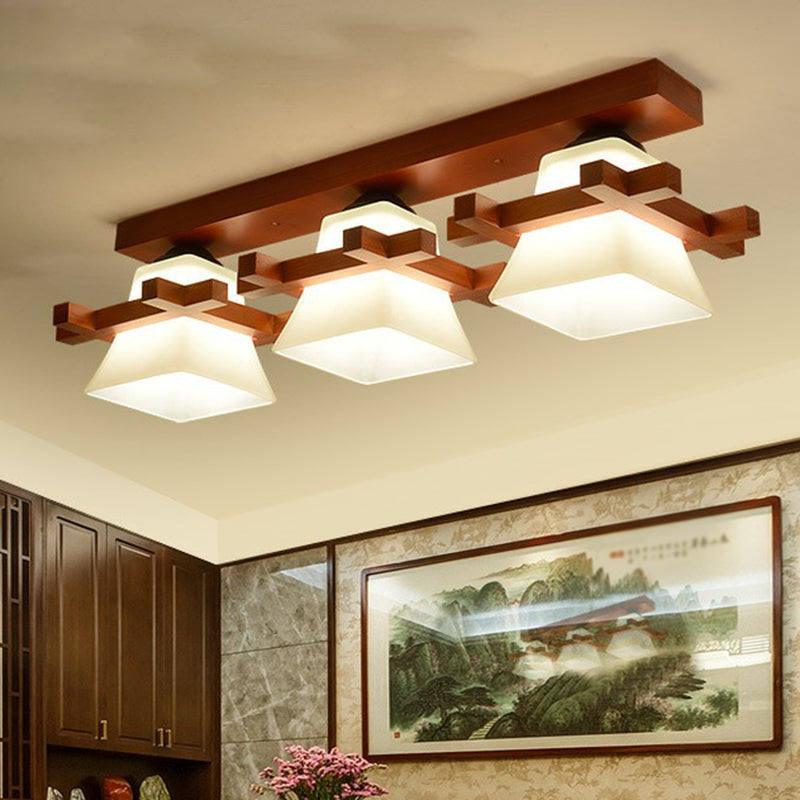 Frosted Glass Semi-Mounted Flush Ceiling Light with Nordic Coffee Finish and Wooden Frame - Pagoda Shape