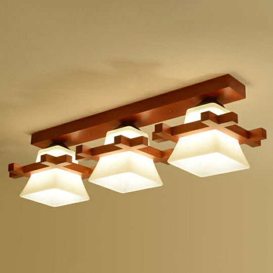 Frosted Glass Semi-Mounted Flush Ceiling Light with Nordic Coffee Finish and Wooden Frame - Pagoda Shape