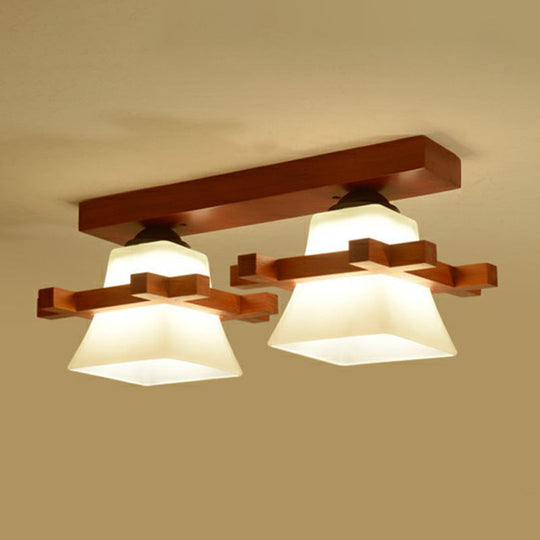 Frosted Glass Semi-Mounted Flush Ceiling Light with Nordic Coffee Finish and Wooden Frame - Pagoda Shape