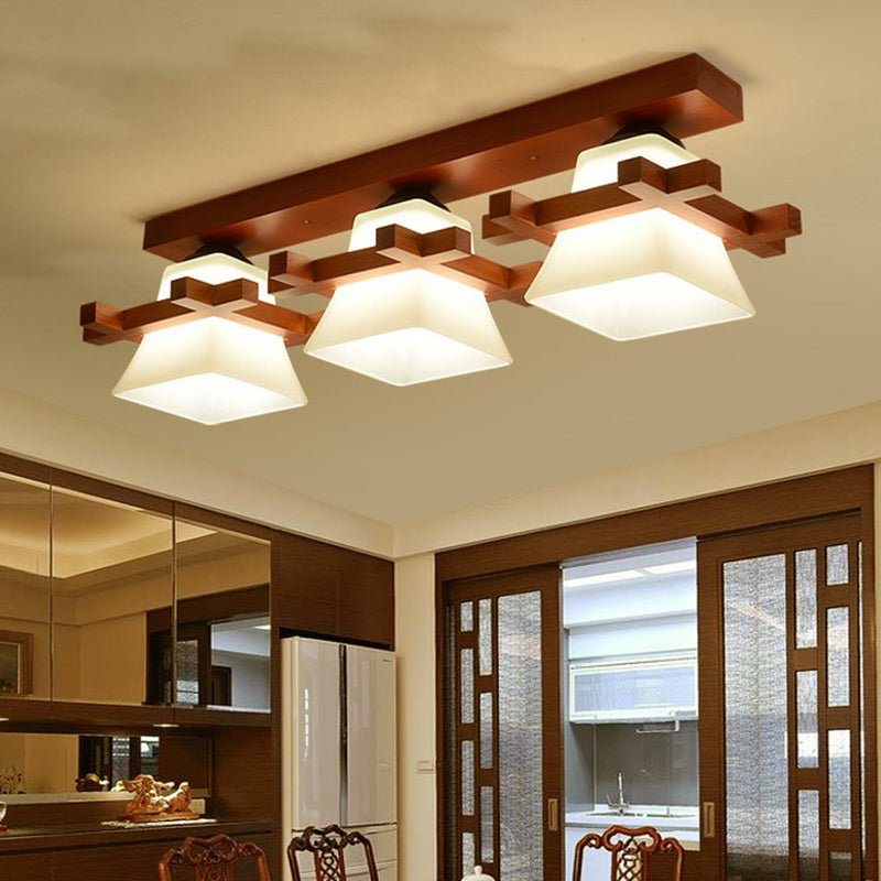 Frosted Glass Semi-Mounted Flush Ceiling Light with Nordic Coffee Finish and Wooden Frame - Pagoda Shape