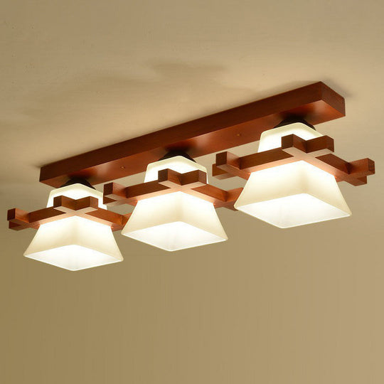 Frosted Glass Semi-Mounted Flush Ceiling Light with Nordic Coffee Finish and Wooden Frame - Pagoda Shape