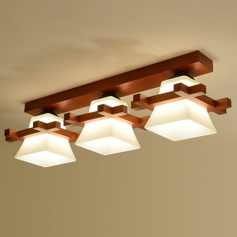 Frosted Glass Semi-Mounted Flush Ceiling Light With Nordic Coffee Finish And Wooden Frame - Pagoda