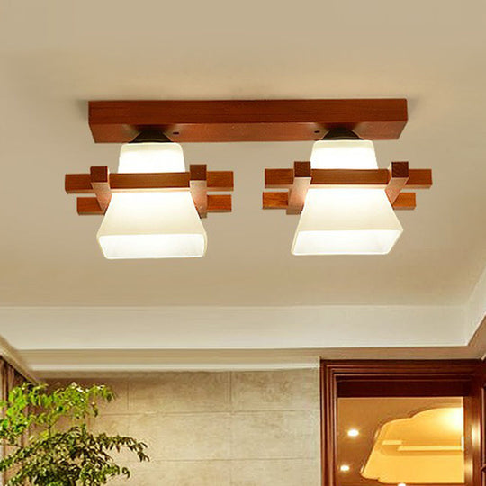 Frosted Glass Semi-Mounted Flush Ceiling Light with Nordic Coffee Finish and Wooden Frame - Pagoda Shape