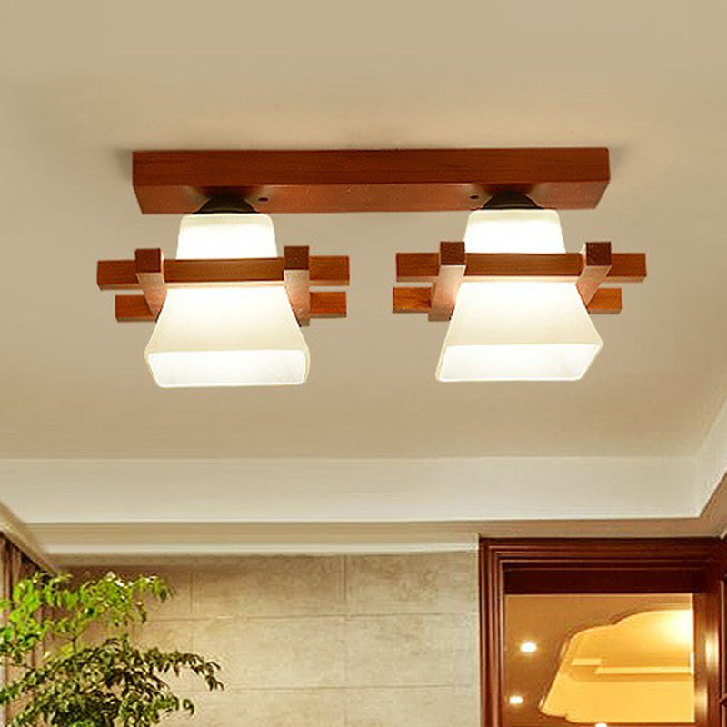 Frosted Glass Semi-Mounted Flush Ceiling Light With Nordic Coffee Finish And Wooden Frame - Pagoda