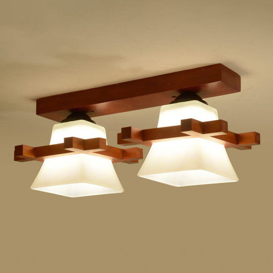 Frosted Glass Semi-Mounted Flush Ceiling Light with Nordic Coffee Finish and Wooden Frame - Pagoda Shape