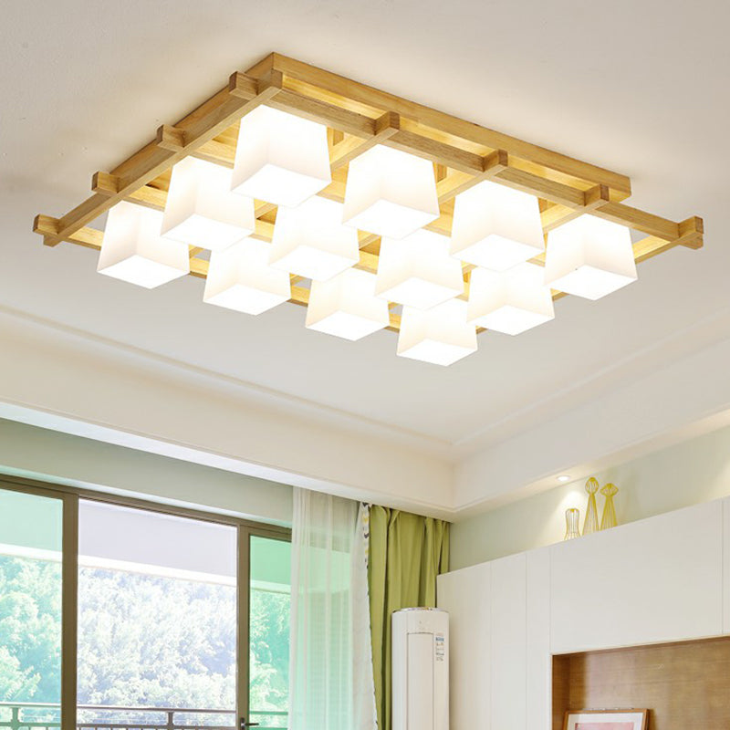 White Glass Cube Ceiling Flush Light - Modern Semi Flush Mount Lighting with Wood Grid