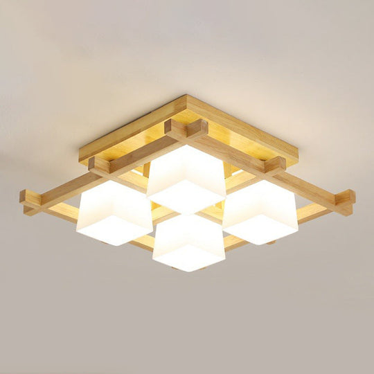 White Glass Cube Ceiling Flush Light - Modern Semi Flush Mount Lighting with Wood Grid