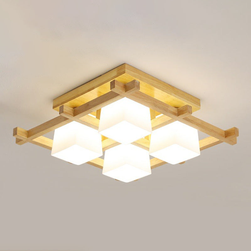 White Glass Cube Ceiling Flush Light - Modern Semi Mount Lighting With Wood Grid 4 /