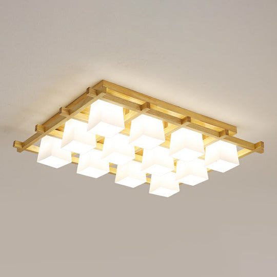 White Glass Cube Ceiling Flush Light - Modern Semi Flush Mount Lighting with Wood Grid