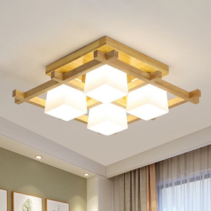 White Glass Cube Ceiling Flush Light - Modern Semi Flush Mount Lighting with Wood Grid