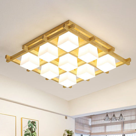 White Glass Cube Ceiling Flush Light - Modern Semi Flush Mount Lighting with Wood Grid