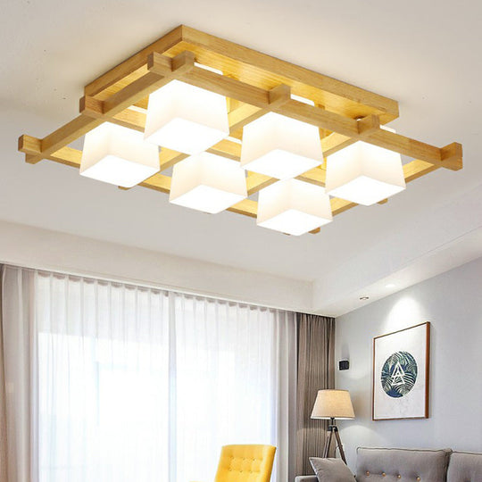 White Glass Cube Ceiling Flush Light - Modern Semi Flush Mount Lighting with Wood Grid