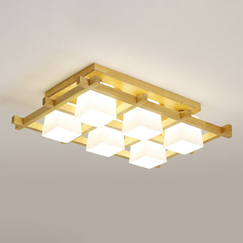 White Glass Cube Ceiling Flush Light - Modern Semi Flush Mount Lighting with Wood Grid