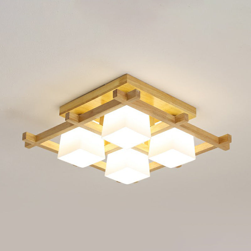 White Glass Cube Ceiling Flush Light - Modern Semi Flush Mount Lighting with Wood Grid