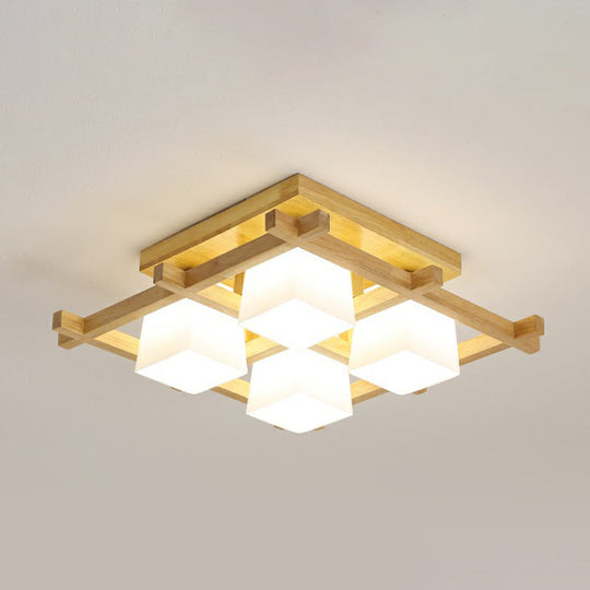 White Glass Cube Ceiling Flush Light - Modern Semi Mount Lighting With Wood Grid