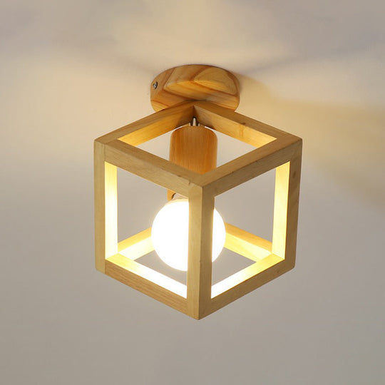 Modern Geometric Wooden Flush-Mount Ceiling Light Fixture - Small Size Wood / Square