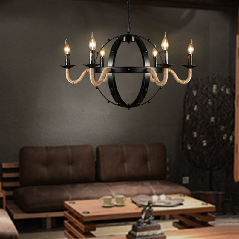 Country Black Metal Chandelier Pendant Light With 6 Candle Lights For Dining Room Ceiling