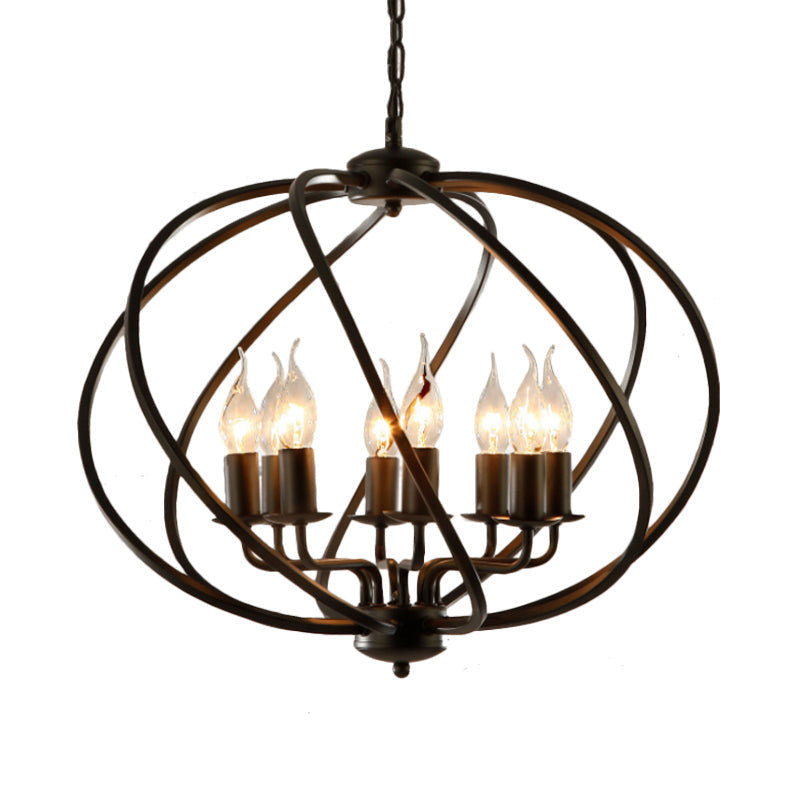 Country Metal Living Room Pendant Chandelier - Black Cage Fixture With 8 Lights