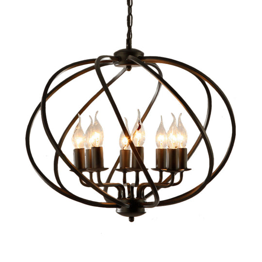 Country Metal Living Room Pendant Chandelier - Black Cage Fixture With 8 Lights