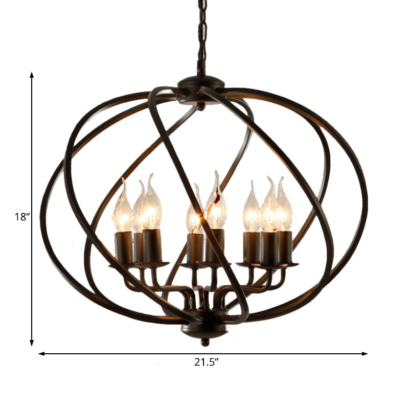 Country Metal Living Room Pendant Chandelier - Black Cage Fixture With 8 Lights