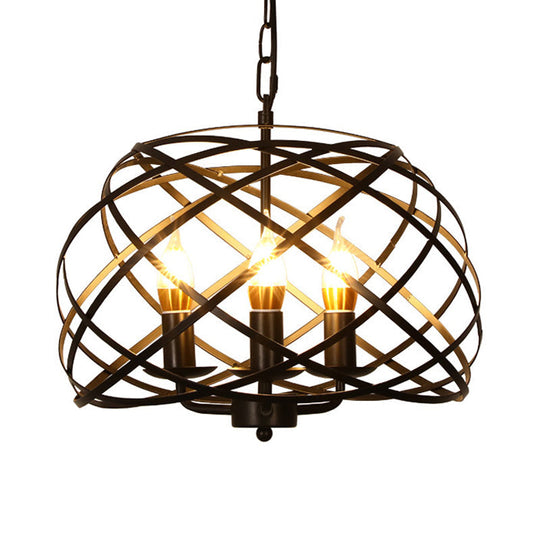 Black Metal Caged Chandelier Pendant Lamp - 3-Light Fixture For Dining Room